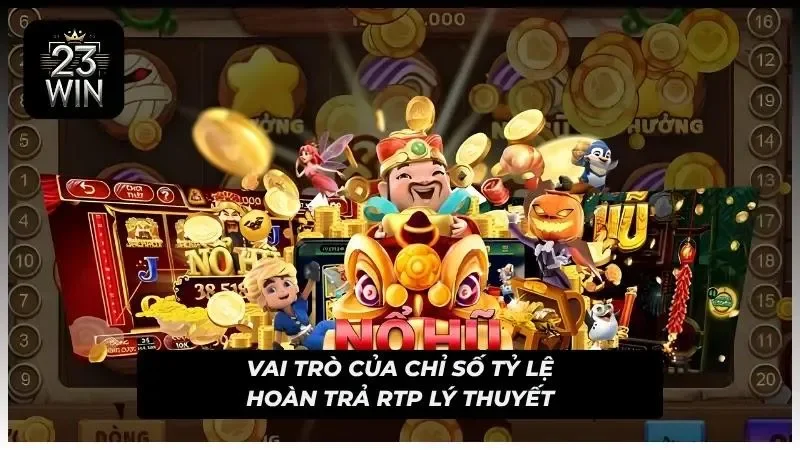 Đồ họa nổ hũ với Thần Tài, đầu lân và các đồng xu.