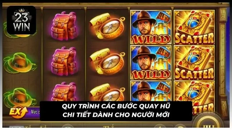Màn slot có ba lô, la bàn và các biểu tượng Wild, Scatter trên cuộn quay.