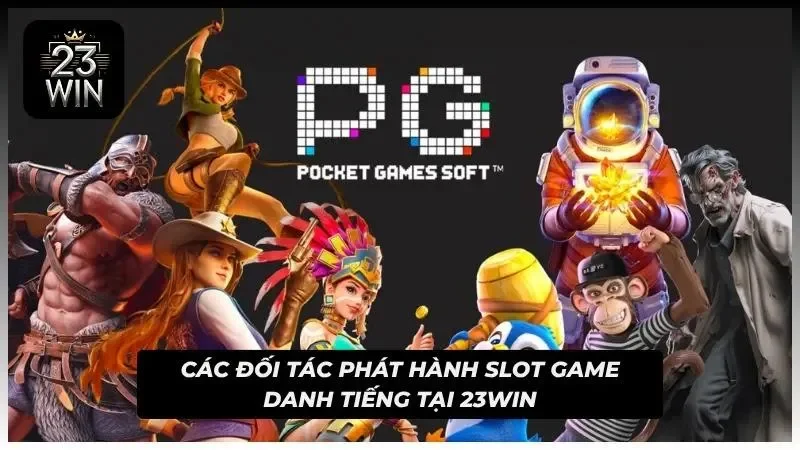 Logo PG Soft cùng các nhân vật game trong mục nhà phát hành slot 23WIN